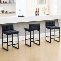 Bar Stools Set of 3, Upholstered Faux Leather Counter Height Barstools with Low Back and Thickened Metal Legs, Modern Bar Chairs for Kitchen Island, B