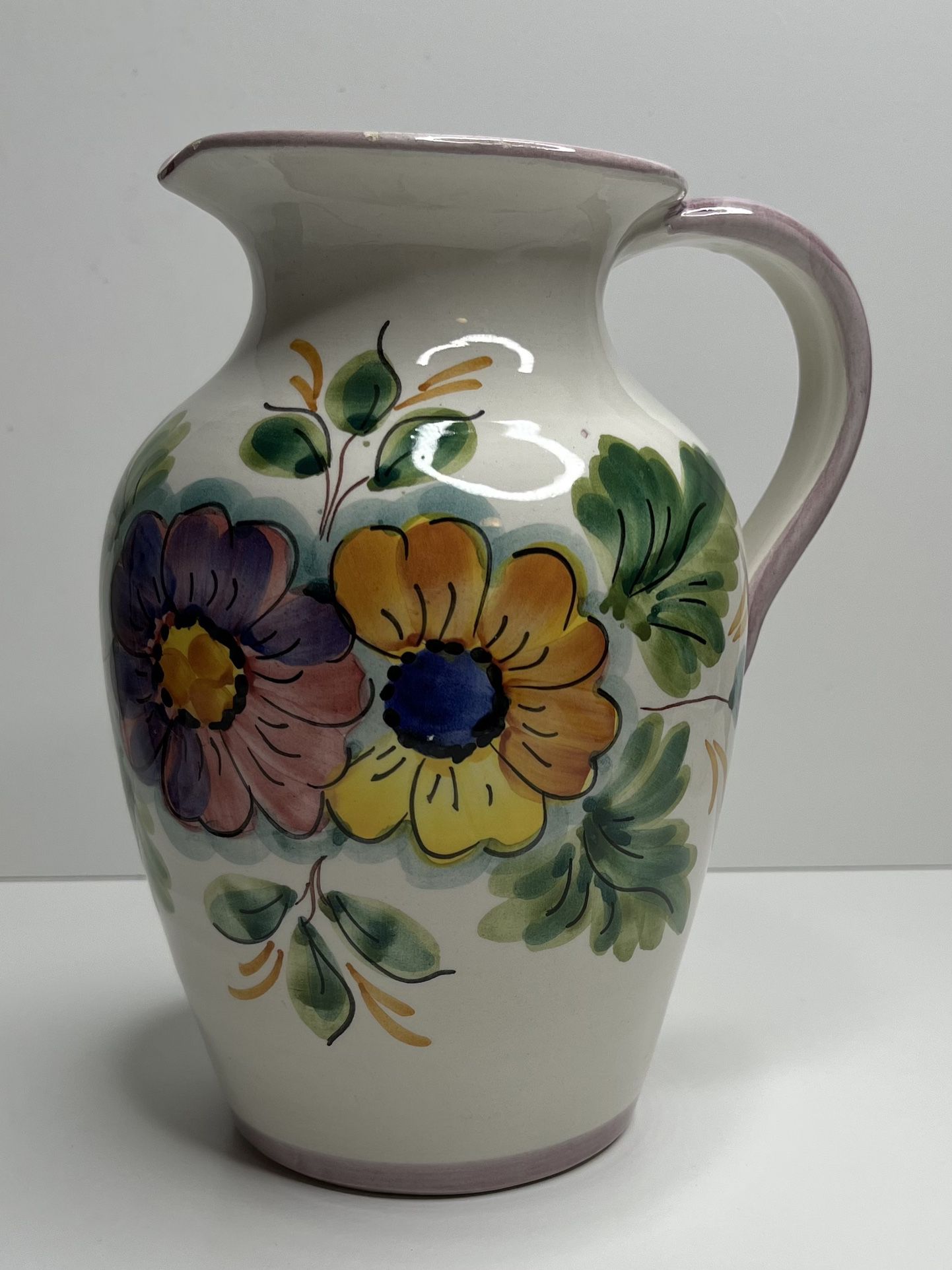 White Ceramic Pitcher with Flowers Made in Italy