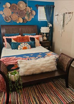 Pier 1 Imports Queen Size "Melia" Sleigh bed. Includes metal base and Box Spring- Boho  / Bohemian / Rustic Style 🤎🌾✨️
