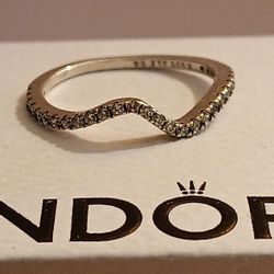 Pandora Authentic Brand New Sparkling Sterling Silver Wave Hoop Size 7-8 Ring Matching Earrings On My Page