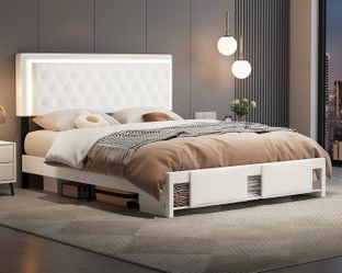NEW Storage Queen Bed Frame W/ Sliding Barn Door Storage Cabinets, LED Lights, Charging Station !