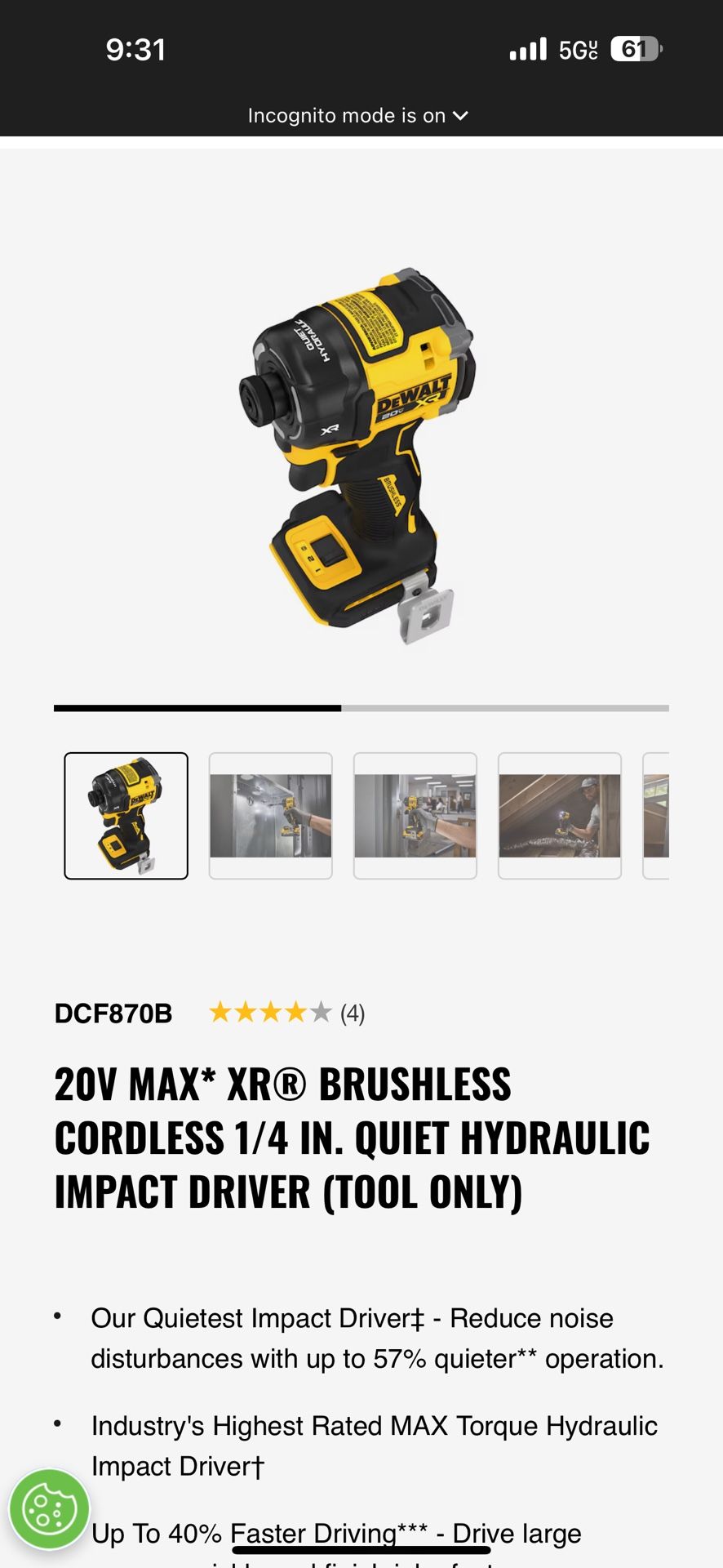 Dewalt 20V MAX* XR® BRUSHLESS CORDLESS 1/4 IN. QUIET HYDRAULIC IMPACT DRIVER (TOOL ONLY)