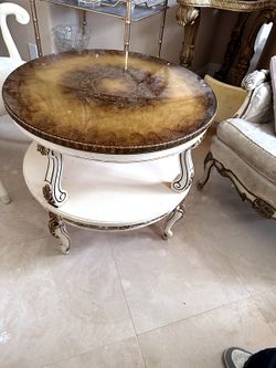 Pair of French Provincial Round Two Tier Accent Coffee Tables Cream Gold