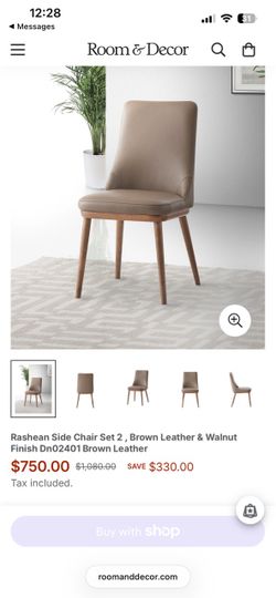 Brown leather and walnut finish chairs set of 2