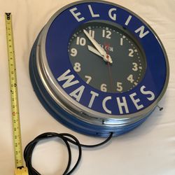Vintage Glo-Dial Fluorescent Tube Elgin Watches Advertising Clock.  Huge.  Clock Works And Lights Up!
