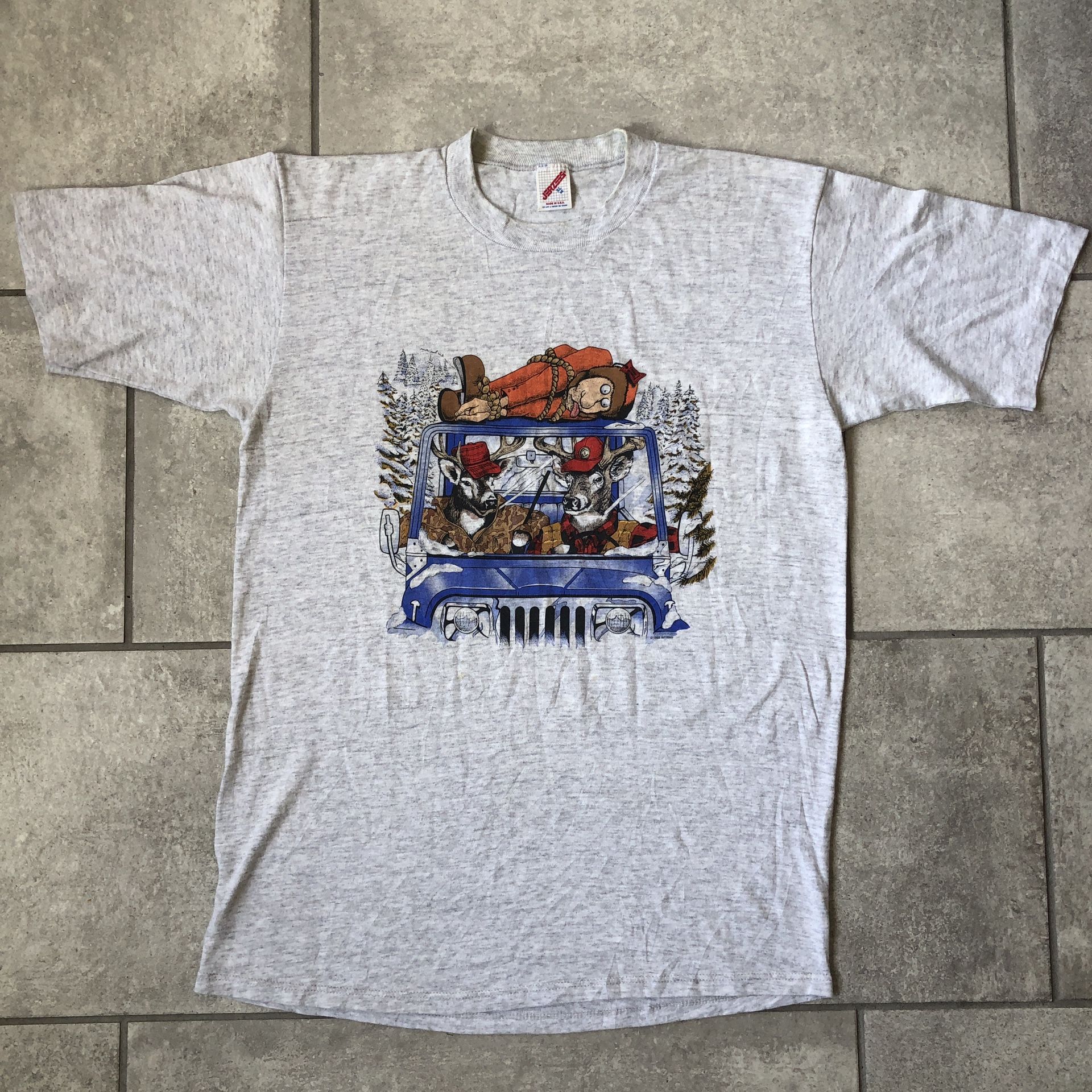 Vintage 80s Deer Hunting Humor Jeep Wrangler T Shirt XL Game Hunts Single Stitch
