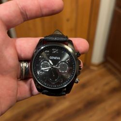 Men’s Black Geneva Watch With Leather Strap 