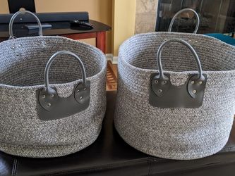 Gray Fabric Woven Baskets With Handles