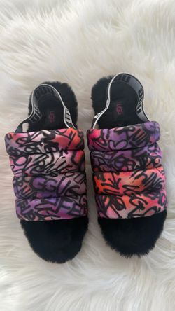UGG Puff Yeah Motlee Graffiti Sz 9 Multi-Color Open Toe Sling Back Slippers
