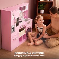 Play Kitchen Set for Toddlers, Wooden Toy Playset with Real Lights & Sounds, Double-Door Fridge, Ice Maker & Cookware Accessories, Pretend and Play Ki