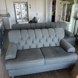 Gray tufted couch (sofa) & matching loveseat — buy one or both. Priced to sell!