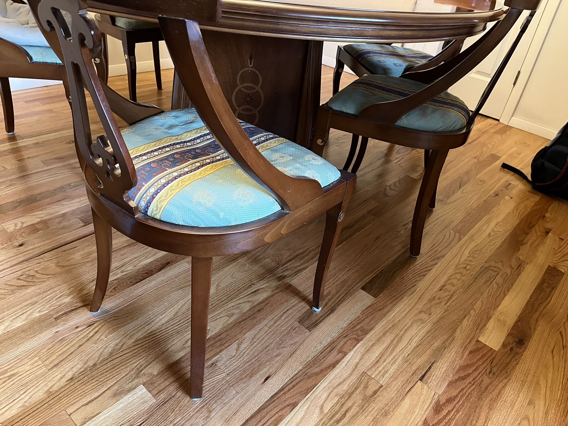 Big Round Dining Table + 6 Chairs And Lazy Suzan, Solid Wood for Sale