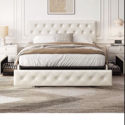 Queen Upholstered Bed Frame + Mattres – Brown – Like New