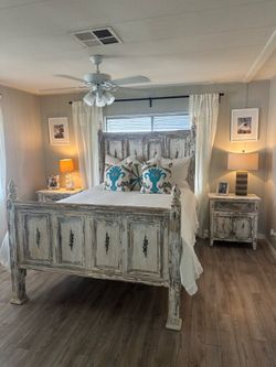 Distressed shabby chic queen bedframe and side tables