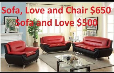RED AND BLACK BONDED LEATHER SOFA SET NEW