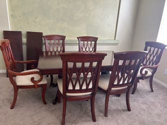 Solid Wood Dining Table, 6 Chairs and 2 Extension Leaves