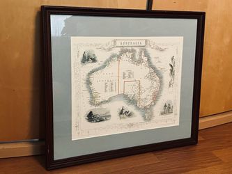 Vintage 1988 Australia Map – John Tallis 1850 Reproduction – Framed Australiana. Overall framed size is approximately 18.5”x 16”
