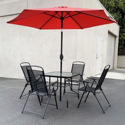 (NEW) $140 Outdoor 6pcs Patio Set with 32x32” Table, 4pc Folding Chairs and 10ft Tilt Umbrella