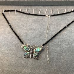 Bali Legacy Abalone Shell, Natural Black Spinel Beaded Butterfly Necklace 
