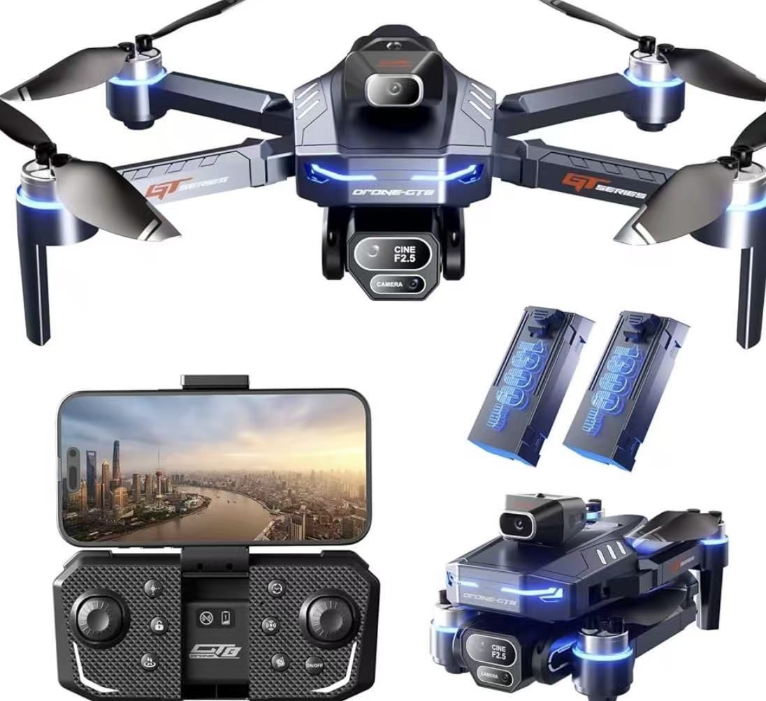4K FPV Drone w/3 Cams GPS WiFi Foldable LCD Optical Flow RC for Adults (2 Battery)