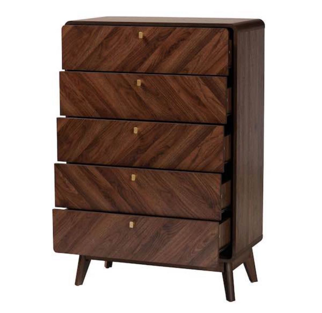 New Mid-Century Modern Walnut Brown Finished Wood 5-Drawer Storage Chest Dresser