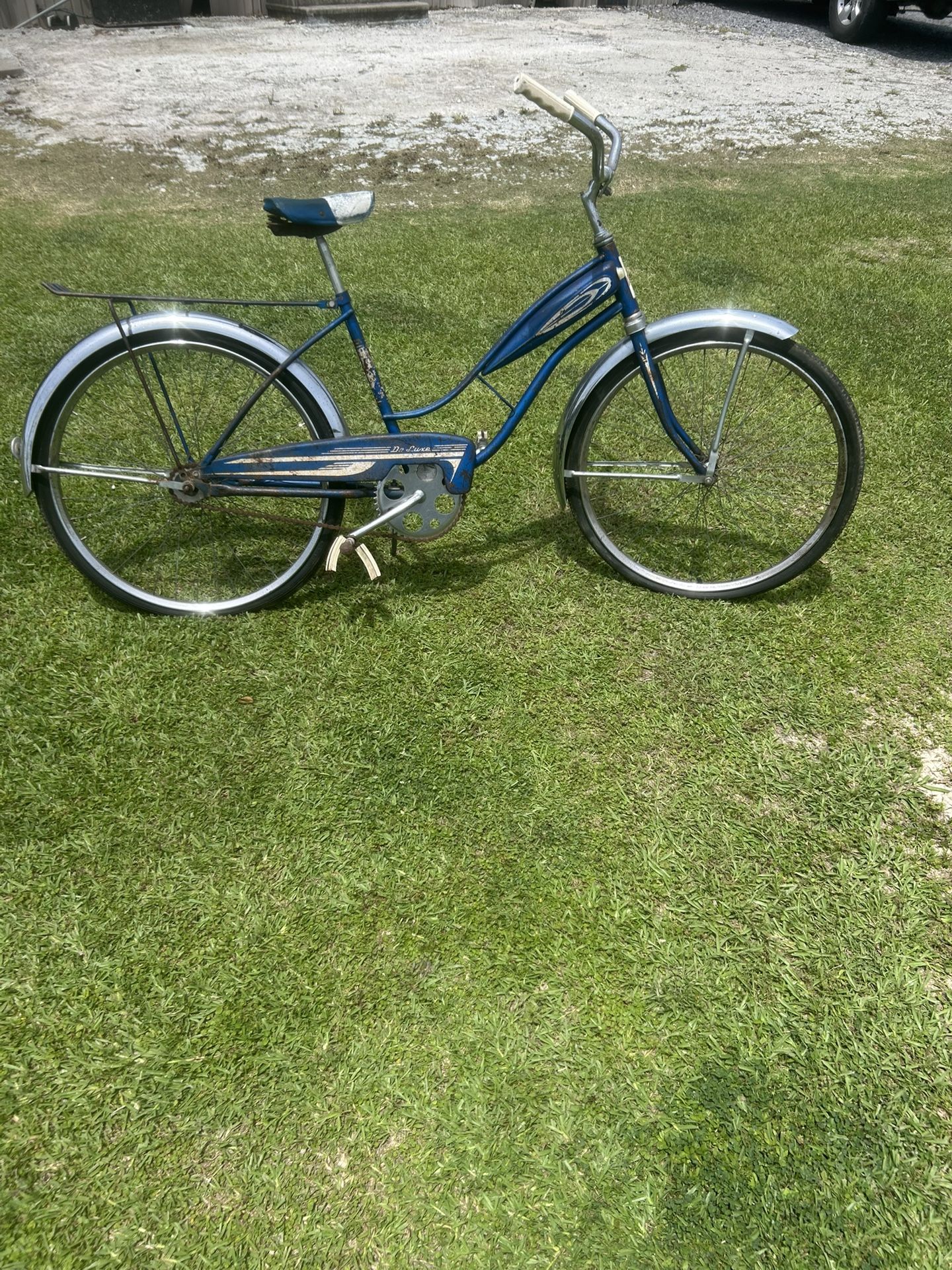 A vintage 1960s AMF Thunderjet Super Deluxe Blue Step Thru Cruiser Tank Bike