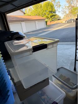 66qt clear storage bin container clear, blue and green