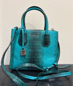 Michael Kors Teal Blue Snake Skin Leather Med Mercer Crossbody Purse Tote