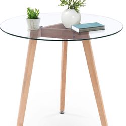 Ivinta Round Glass Dining Table, Modern Leisure Table with Wood Legs for Kitchen Dining Room Living Room, Accent Table Small Tea Table for 2