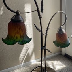 Vintage Brass Table Lamp With Stained Glass Ornamental Heads 