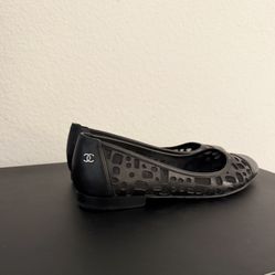 Chanel Black Leather and Mesh Ballet Flats Leather Cap Toe CC Logo 36.5