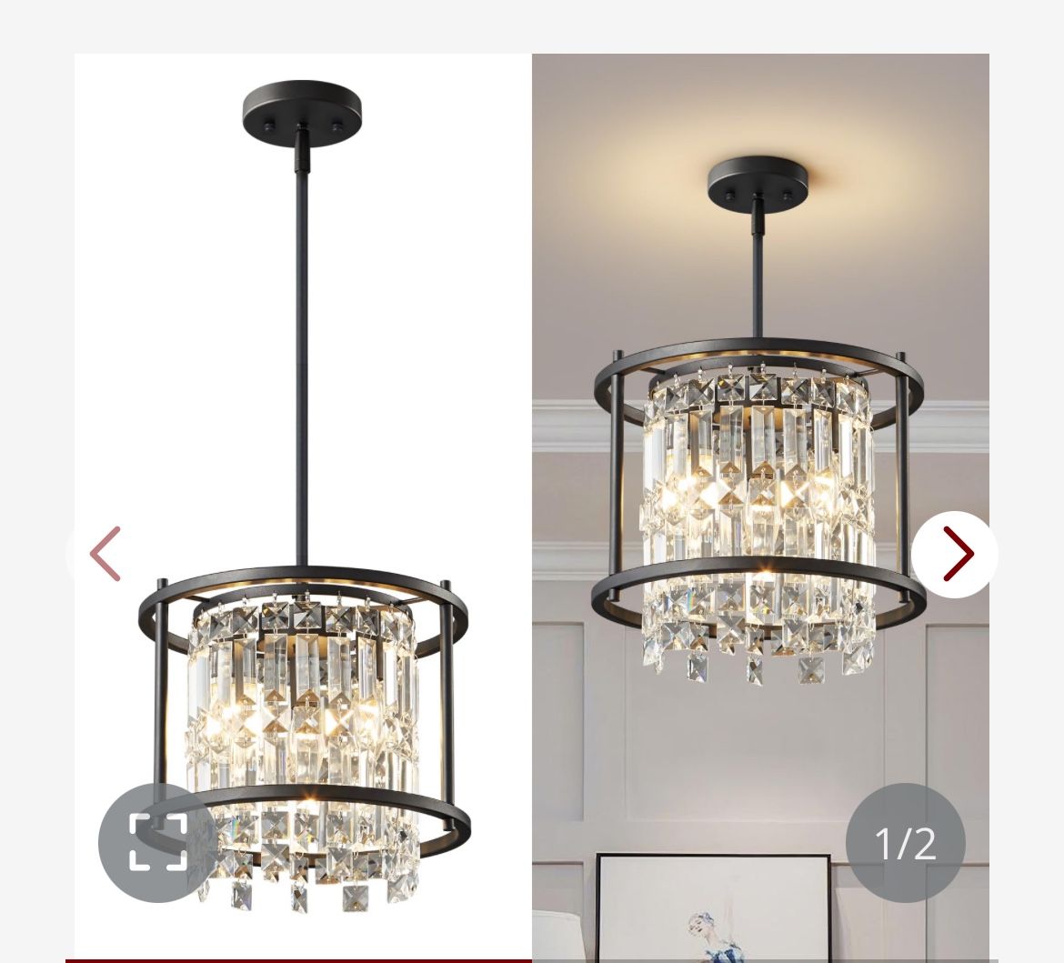 LMQNINE Dining Room Light Fixture Semi Flush Mount Ceiling Light Fixture, Lndustrial Farmhouse Chandelier Black Metal Crystal Pendant Light For Hallwa