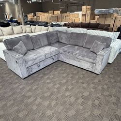 Gray L Sectional with Pullout and Storage