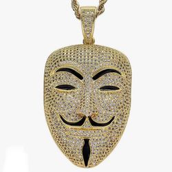 V For Vendetta Mask 14k Gold 5X Layered Iced Pendant With 4mm Tennis Chain 18”-24” Set
