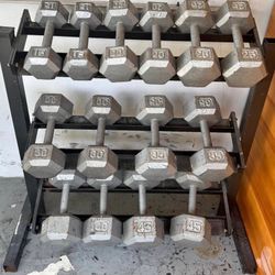 SET  OF  MATCHING  STEEL  HEX  DUMBBELLS  &  3  TIER  DUMBBELL  RACK  (PAIRS OF)  :  15s  20s  25s  30s  35s  40s  45s
