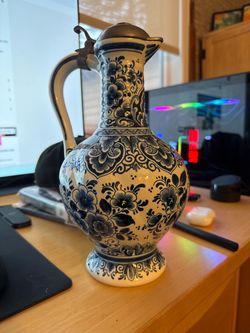 German blue and white stoneware jug with pewter lid