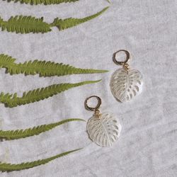Monstera Huggie Hoops 14K Gold Filled Mother of Pearl