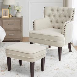 Assembled Accent Chair with Ottoman, Living Room Chair, Footrest Chair Set with Vintage Brass Studs