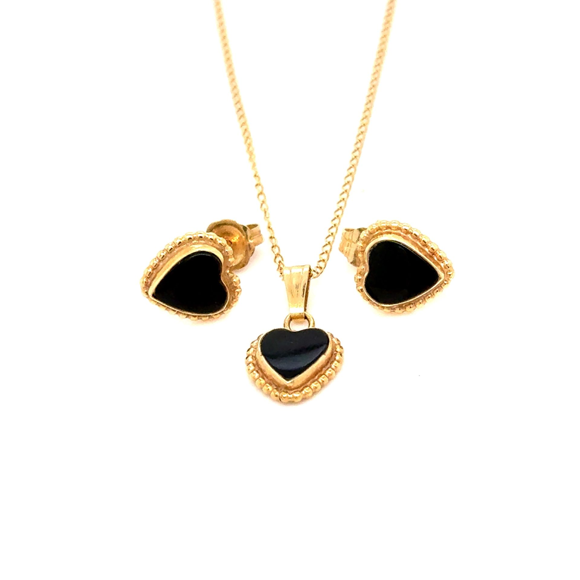 14K Gold Onyx Heart Stud & Necklace Set