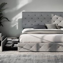 USAN1038098-2

Queen Upholstered Bed Frame with 4 Drawers Storage and Headboard with Wood Slat Support, No Box Spring Needed，Light Grey
