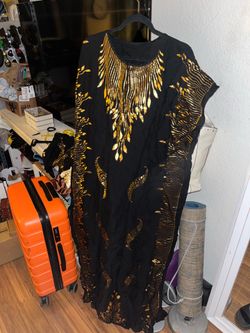 Never Worn Black Gold Embroidered Kaftan Maxi Dress Fringe