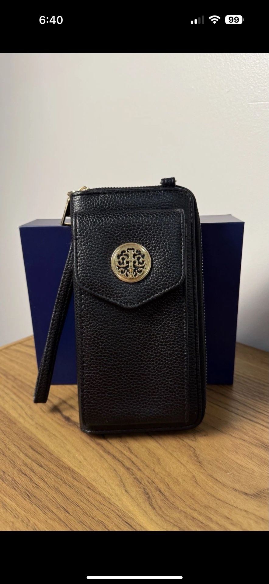 Black Pebbled Leather Wristlet Wallet with Gold Emblem