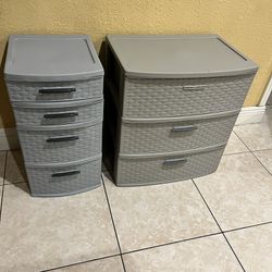 2 PLASTIC 3 Drawer Weave Tower Plastic… 24” H By 21.7” W By 15.7” D…/24” H By 12.5 w By 14” D… (ONE OF THE HANDLES IN IS MISSING) See All Pictures…In 