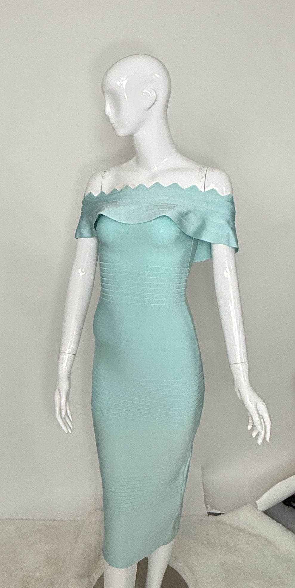 Teal Off-Shoulder Bandage Dress – Midi Bodycon – 44” Length
