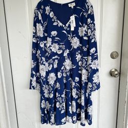 Studio B Bobeau Blue White Floral Fit & Flare Dress Size XL