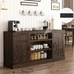 66'' Large Bar Cabinet, Farmhouse Coffee Bar Cabinet with Power Outlet with Adjustable Shelf, Kitchen Buffet Sideboard