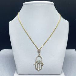 14k Solid Gold chain and Hamsa Hand charm pendant gold Necklance