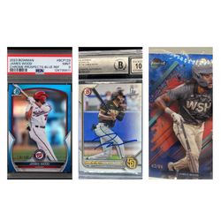 JAMES WOOD 3 CARD LOT -2023 BOWMAN CHROME BLUE/150, JAMES WOOD AUTO BGS 10 PAPER & TOPPS FINEST /99