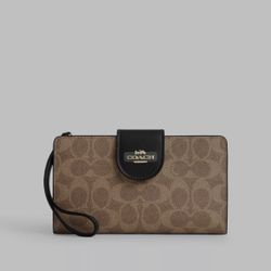Coach Phone Wallet In Signature Canvas In Gold-Tan-Black New With Tags Authentic