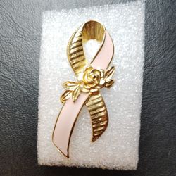 Breast Cancer Awareness Pink Ribbon Rose Gold Tone Pin Brooch 1980s Avon 